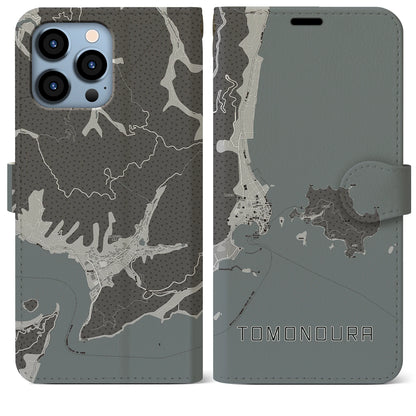 【鞆の浦（広島県）】地図柄iPhoneケース（手帳タイプ）モノトーン・iPhone 13 Pro Max 用