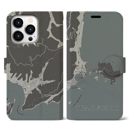 【鞆の浦（広島県）】地図柄iPhoneケース（手帳タイプ）モノトーン・iPhone 13 Pro 用