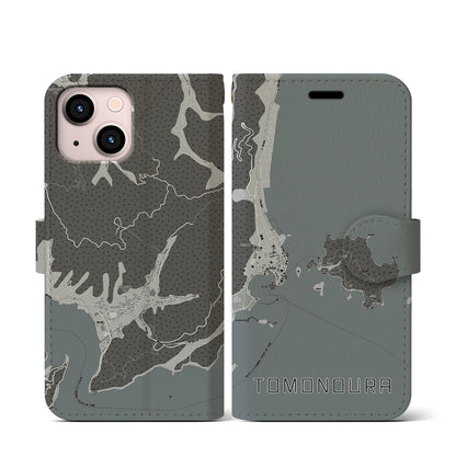 【鞆の浦（広島県）】地図柄iPhoneケース（手帳タイプ）モノトーン・iPhone 13 mini 用