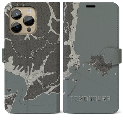 【鞆の浦（広島県）】地図柄iPhoneケース（手帳タイプ）モノトーン・iPhone 14 Pro Max 用