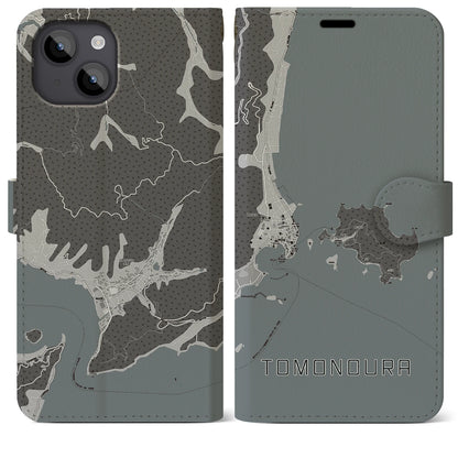 【鞆の浦（広島県）】地図柄iPhoneケース（手帳タイプ）モノトーン・iPhone 14 Plus 用