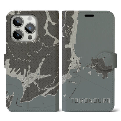 【鞆の浦（広島県）】地図柄iPhoneケース（手帳タイプ）モノトーン・iPhone 15 Pro 用