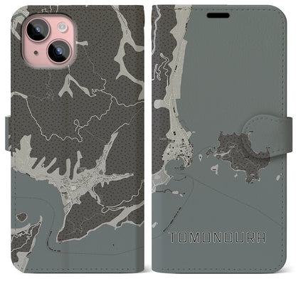 【鞆の浦（広島県）】地図柄iPhoneケース（手帳タイプ）モノトーン・iPhone 15 Plus 用