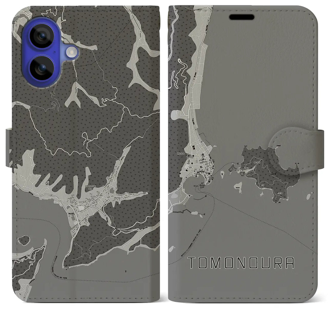 【鞆の浦(広島県)】地図柄iPhoneケース(手帳タイプ)モノトーン・iPhone 16 Pro Max 用