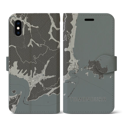 【鞆の浦（広島県）】地図柄iPhoneケース（手帳タイプ）モノトーン・iPhone XS / X 用