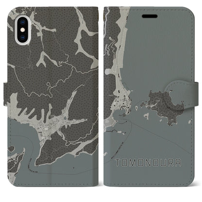 【鞆の浦（広島県）】地図柄iPhoneケース（手帳タイプ）モノトーン・iPhone XS Max 用