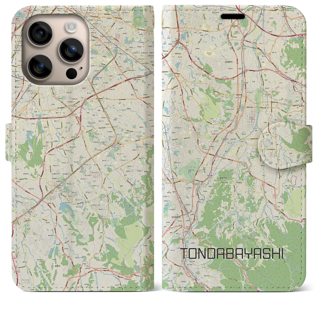 【富田林（大阪府）】地図柄iPhoneケース（手帳タイプ）ナチュラル・iPhone 16 Plus 用