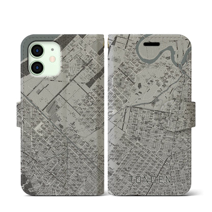 【屯田（北海道）】地図柄iPhoneケース（手帳タイプ）モノトーン・iPhone 12 mini 用
