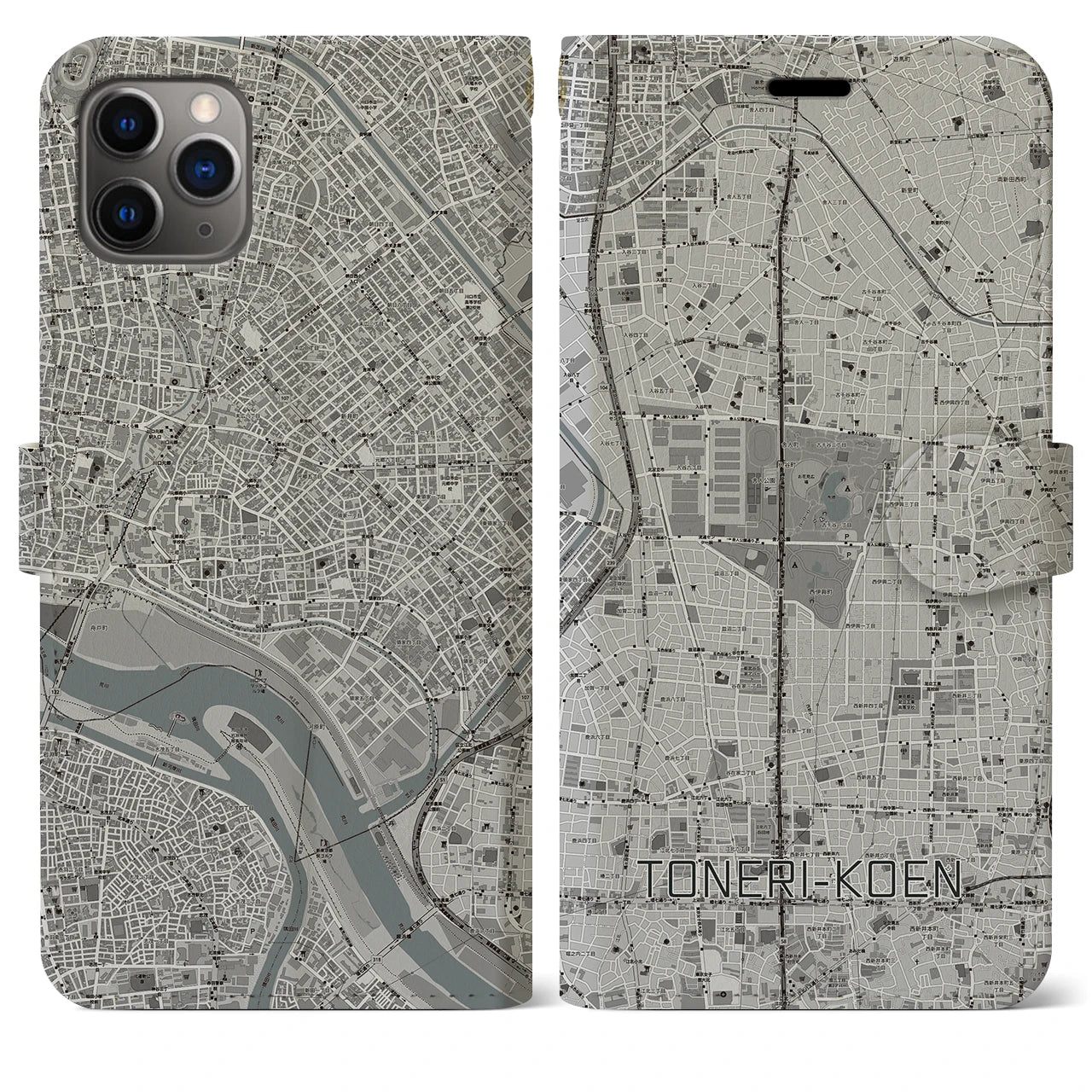 【舎人公園】地図柄iPhoneケース（手帳両面タイプ・モノトーン）iPhone 11 Pro Max 用