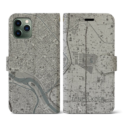 【舎人公園（東京都）】地図柄iPhoneケース（手帳タイプ）モノトーン・iPhone 11 Pro 用