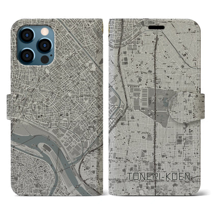 【舎人公園（東京都）】地図柄iPhoneケース（手帳タイプ）モノトーン・iPhone 12 / 12 Pro 用