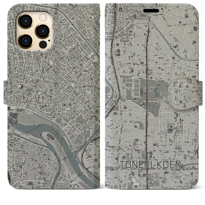 【舎人公園（東京都）】地図柄iPhoneケース（手帳タイプ）モノトーン・iPhone 12 Pro Max 用