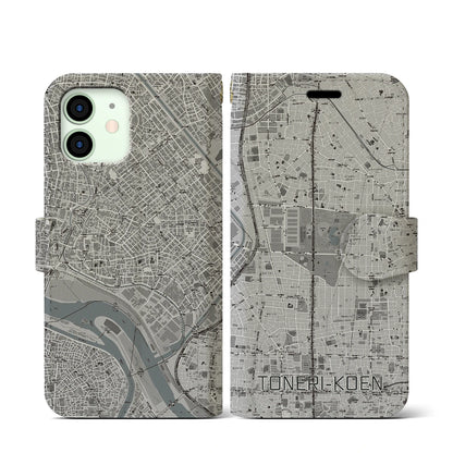 【舎人公園（東京都）】地図柄iPhoneケース（手帳タイプ）モノトーン・iPhone 12 mini 用