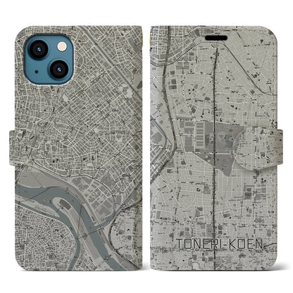 【舎人公園（東京都）】地図柄iPhoneケース（手帳タイプ）モノトーン・iPhone 13 用