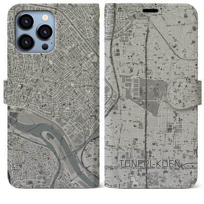 【舎人公園（東京都）】地図柄iPhoneケース（手帳タイプ）モノトーン・iPhone 13 Pro Max 用