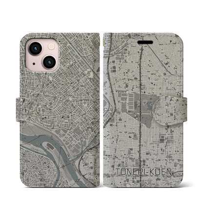 【舎人公園（東京都）】地図柄iPhoneケース（手帳タイプ）モノトーン・iPhone 13 mini 用