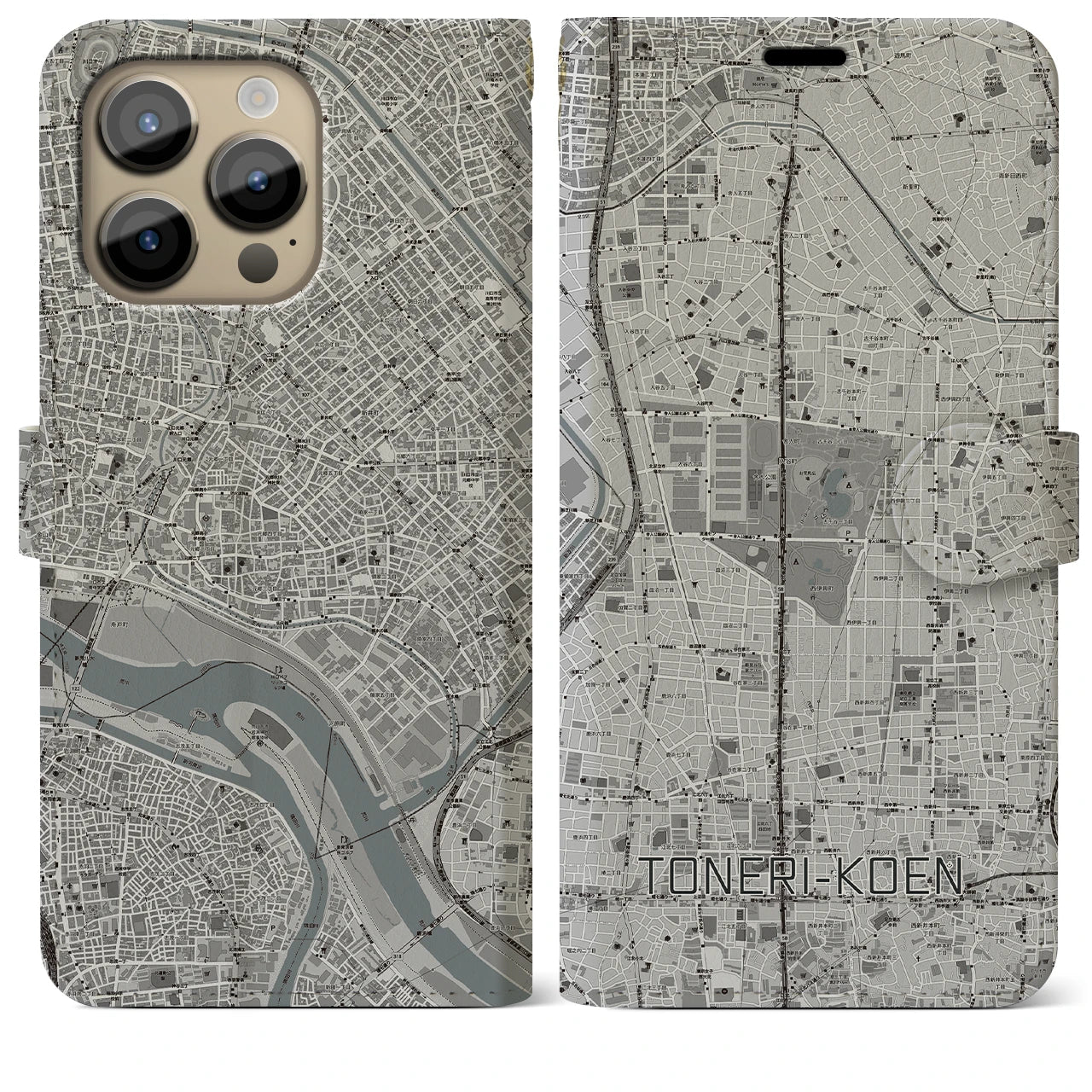 【舎人公園】地図柄iPhoneケース（手帳両面タイプ・モノトーン）iPhone 14 Pro Max 用
