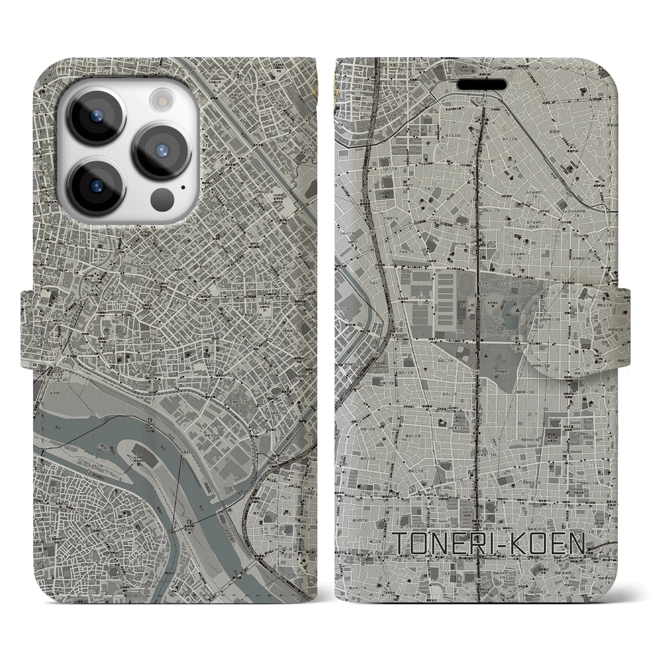 【舎人公園】地図柄iPhoneケース（手帳両面タイプ・モノトーン）iPhone 14 Pro 用