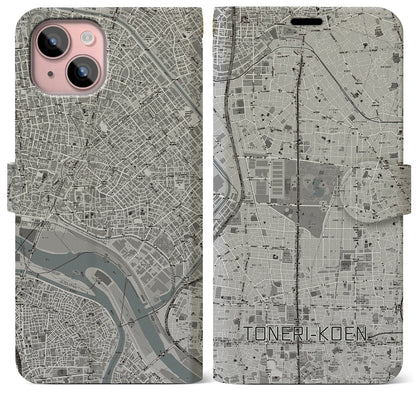 【舎人公園（東京都）】地図柄iPhoneケース（手帳タイプ）モノトーン・iPhone 15 Plus 用