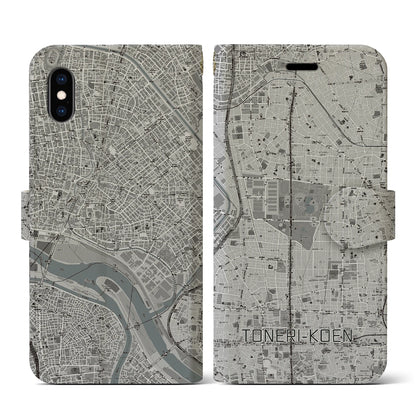 【舎人公園（東京都）】地図柄iPhoneケース（手帳タイプ）モノトーン・iPhone XS / X 用