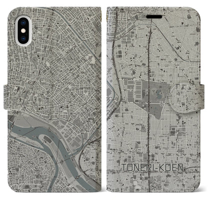 【舎人公園（東京都）】地図柄iPhoneケース（手帳タイプ）モノトーン・iPhone XS Max 用