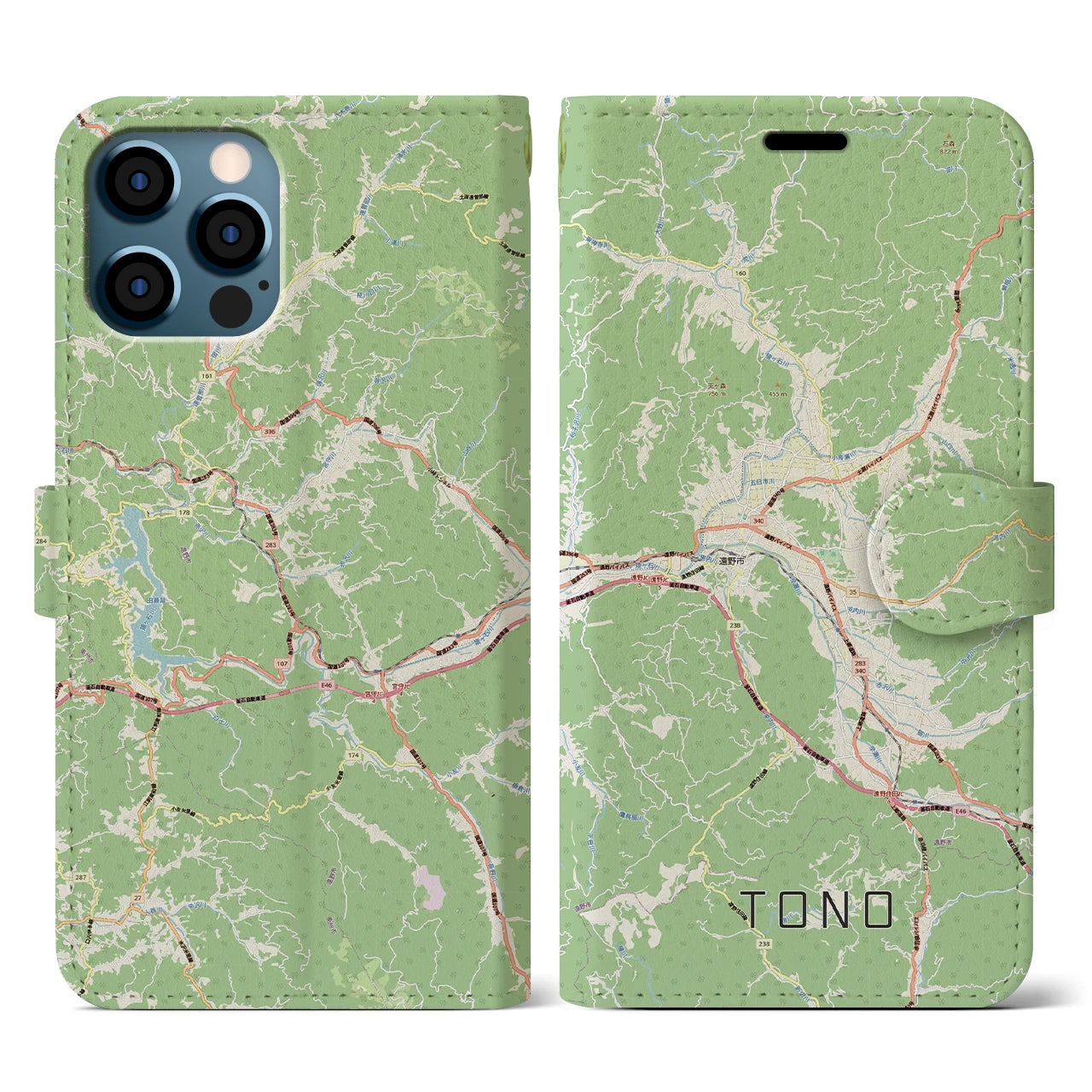 【遠野（岩手県）】地図柄iPhoneケース（手帳タイプ）ナチュラル・iPhone 12 / 12 Pro 用