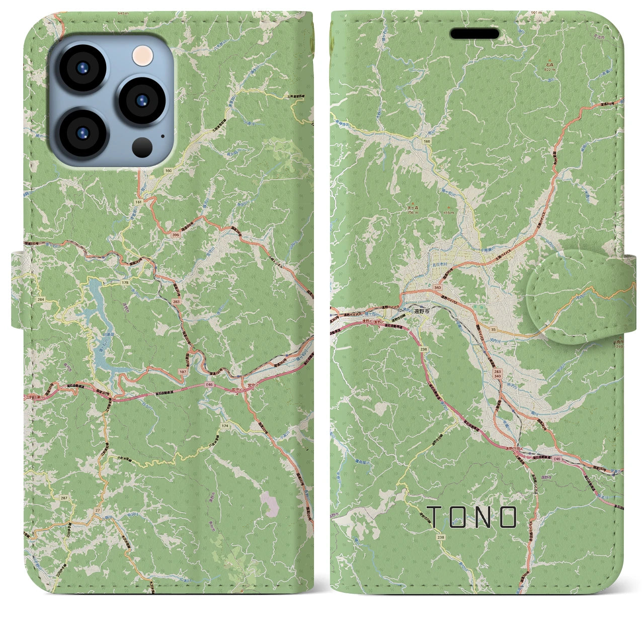 【遠野（岩手県）】地図柄iPhoneケース（手帳タイプ）ナチュラル・iPhone 13 Pro Max 用