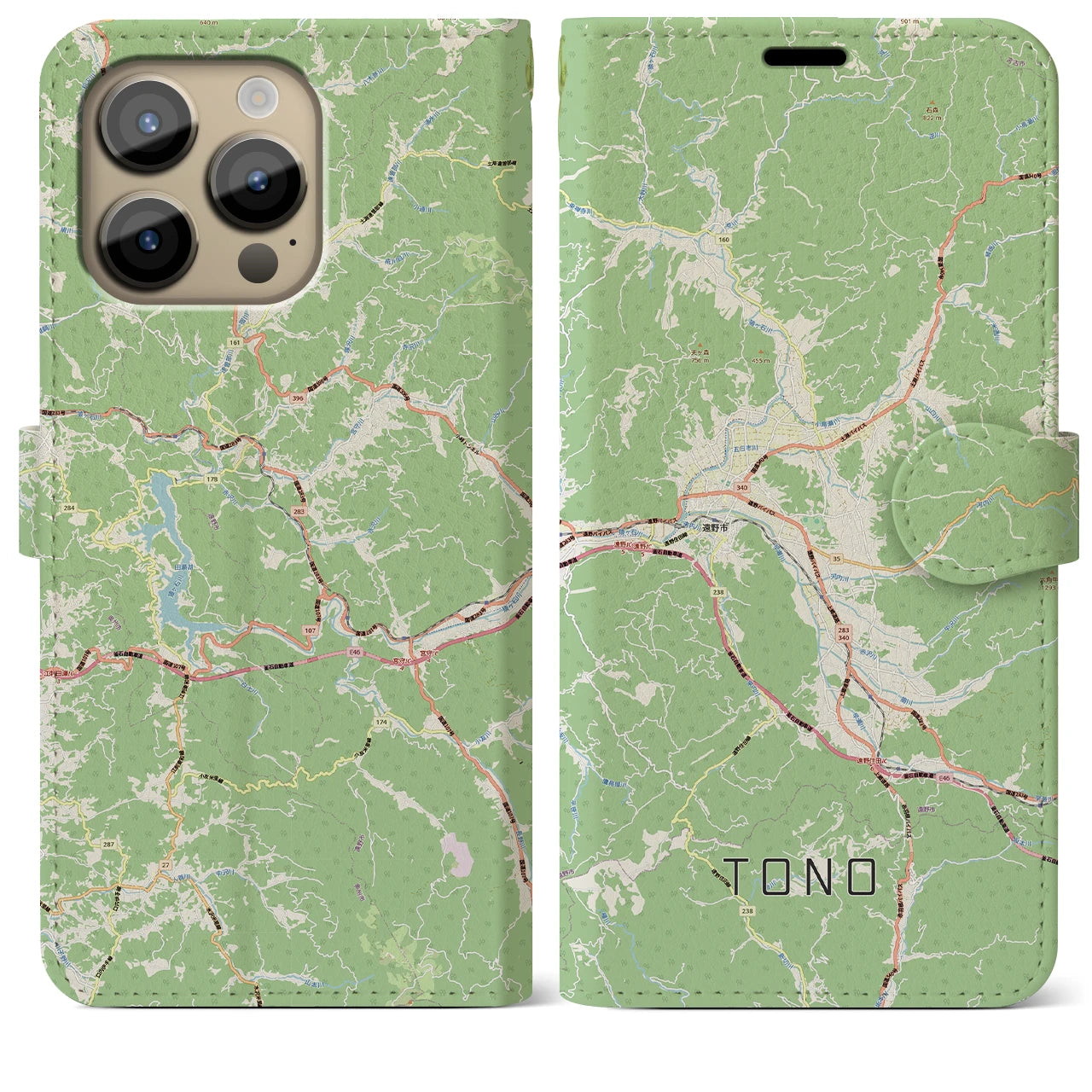 【遠野（岩手県）】地図柄iPhoneケース（手帳タイプ）ナチュラル・iPhone 14 Pro Max 用