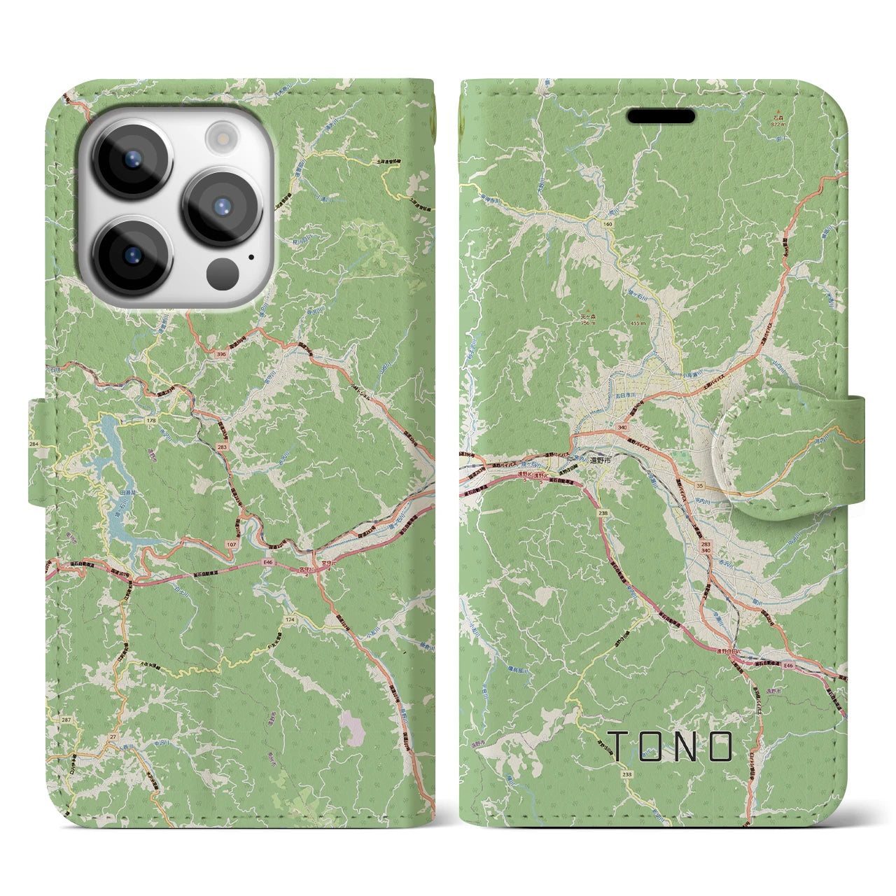 【遠野（岩手県）】地図柄iPhoneケース（手帳タイプ）ナチュラル・iPhone 14 Pro 用