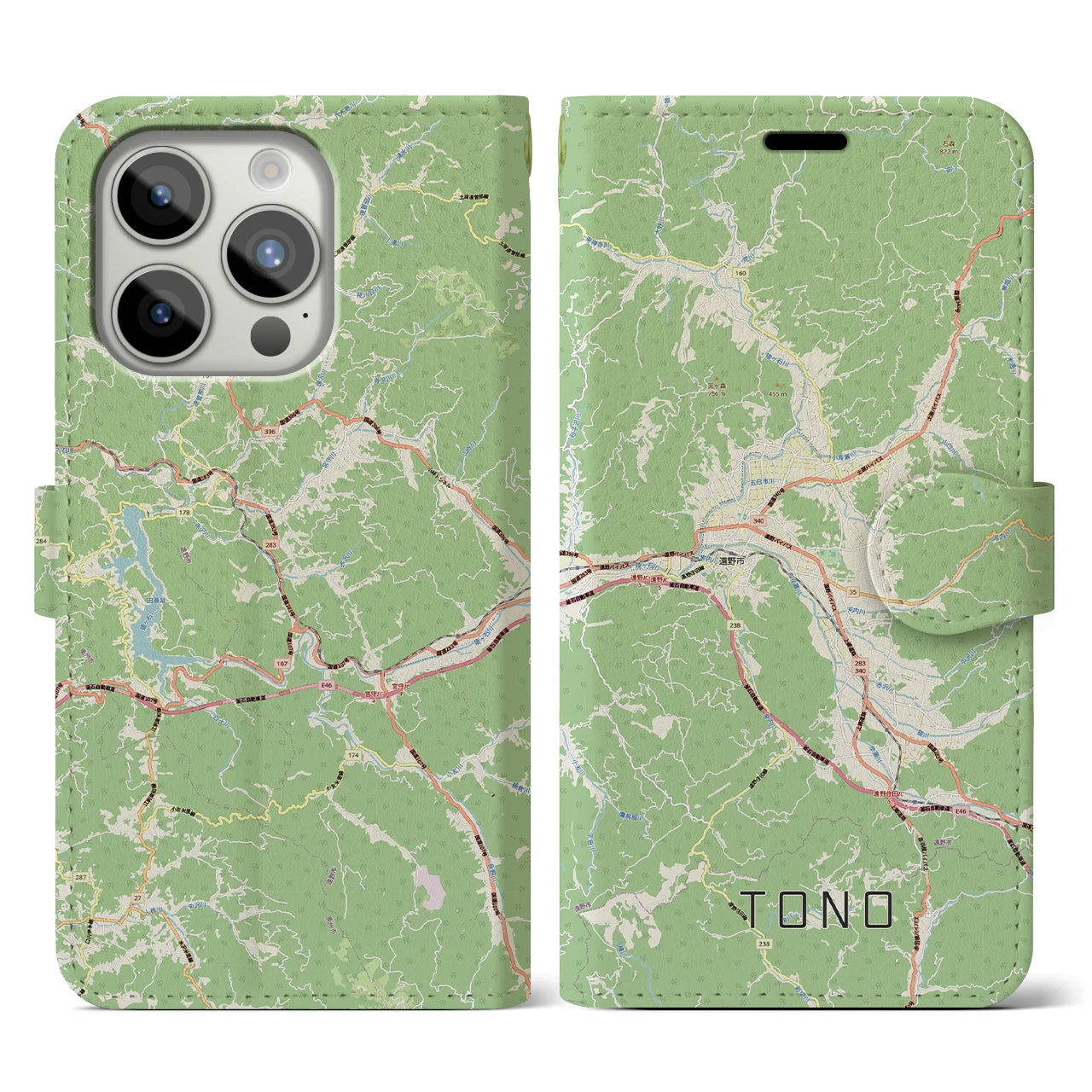 【遠野（岩手県）】地図柄iPhoneケース（手帳タイプ）ナチュラル・iPhone 15 Pro 用