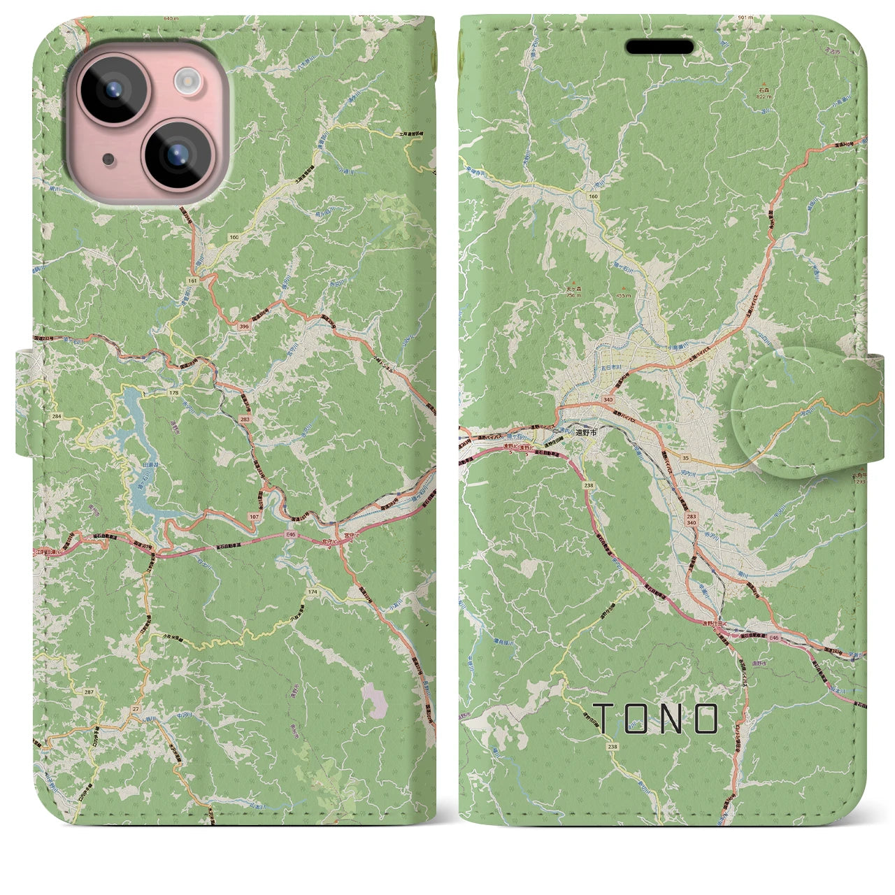 【遠野（岩手県）】地図柄iPhoneケース（手帳タイプ）ナチュラル・iPhone 15 Plus 用