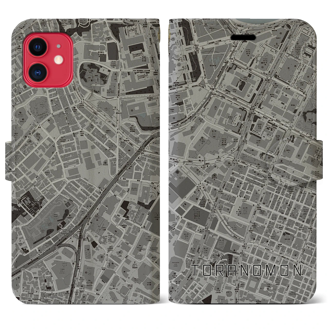 【虎ノ門】地図柄iPhoneケース（手帳両面タイプ・モノトーン）iPhone 11 用