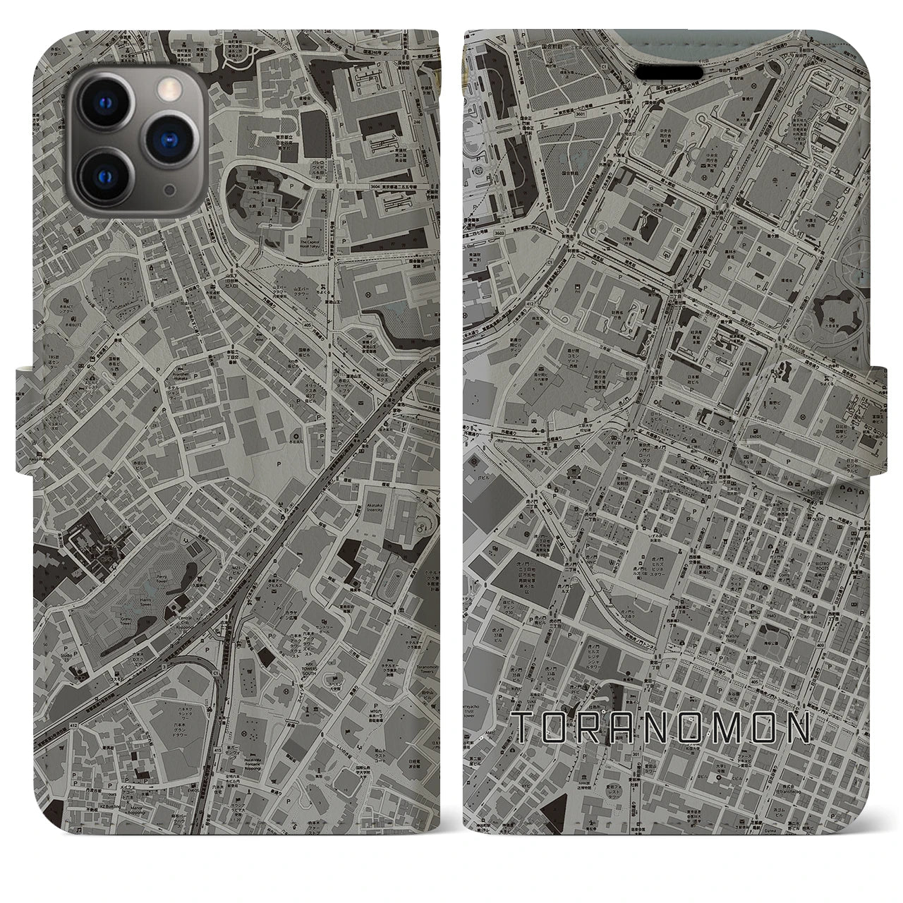 【虎ノ門】地図柄iPhoneケース（手帳両面タイプ・モノトーン）iPhone 11 Pro Max 用