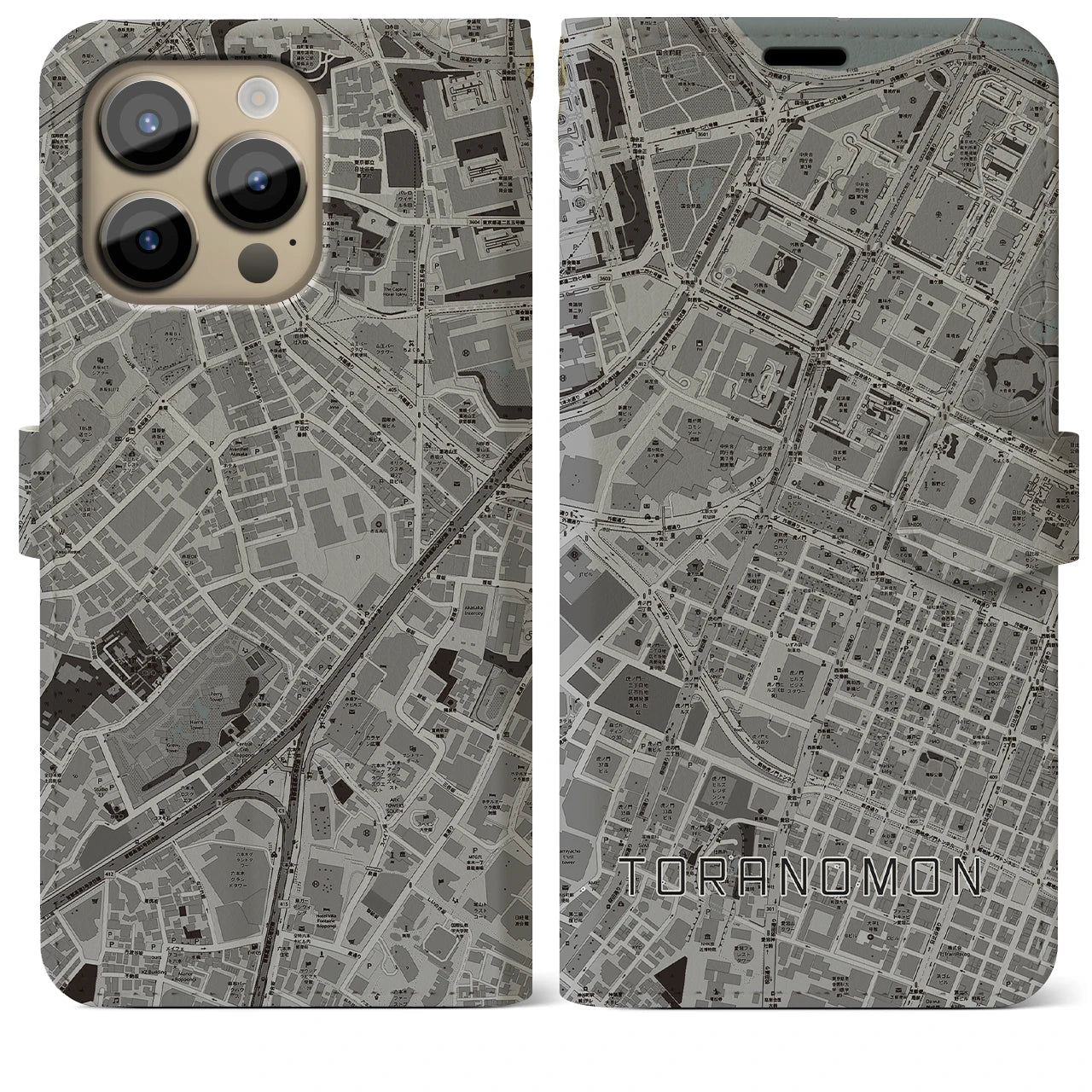【虎ノ門】地図柄iPhoneケース（手帳両面タイプ・モノトーン）iPhone 14 Pro Max 用
