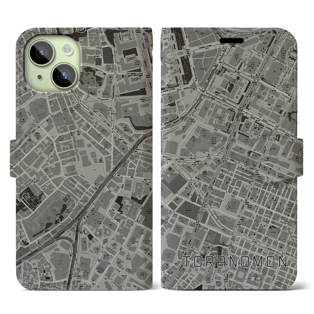【虎ノ門】地図柄iPhoneケース（手帳両面タイプ・モノトーン）iPhone 15 用