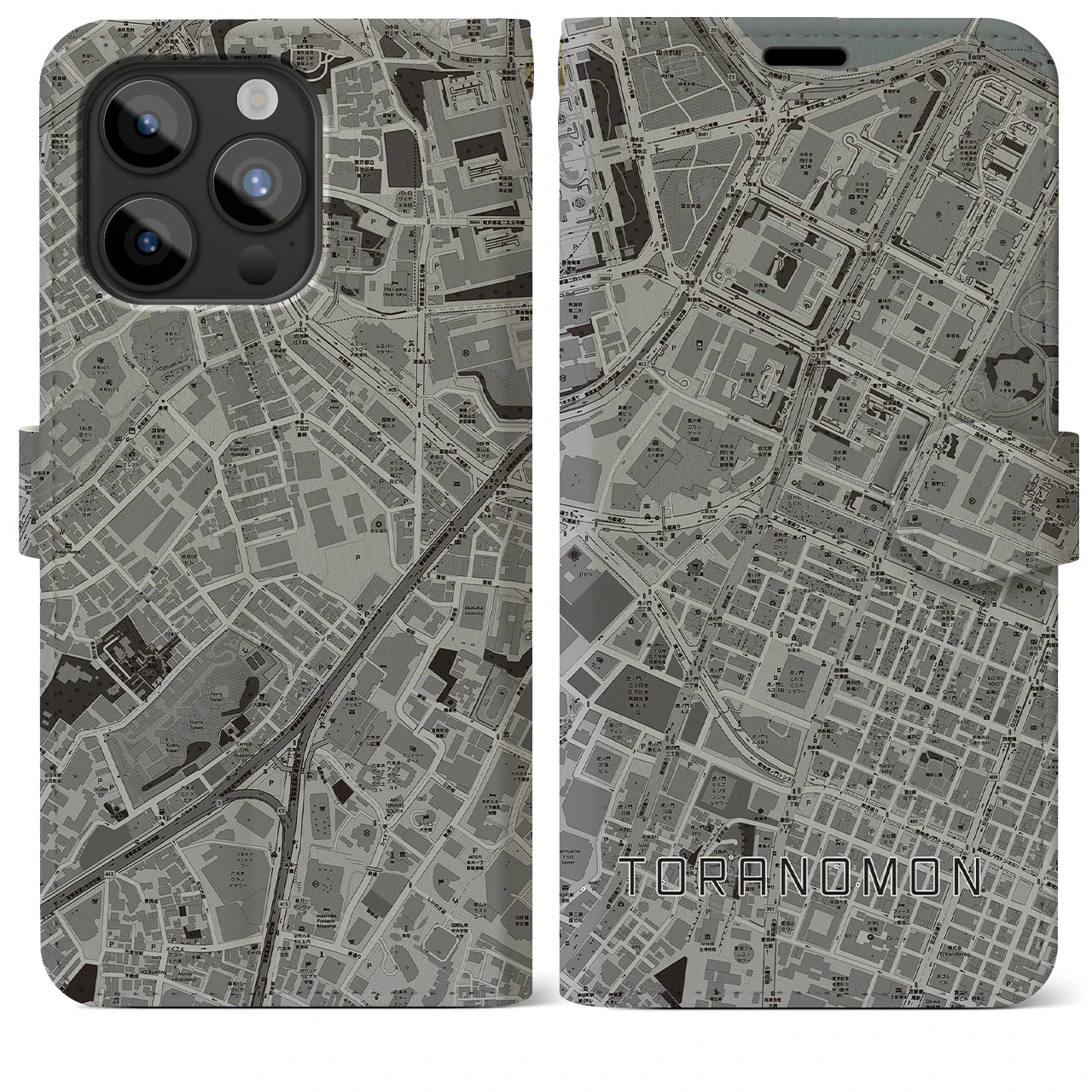 【虎ノ門】地図柄iPhoneケース（手帳両面タイプ・モノトーン）iPhone 15 Pro Max 用
