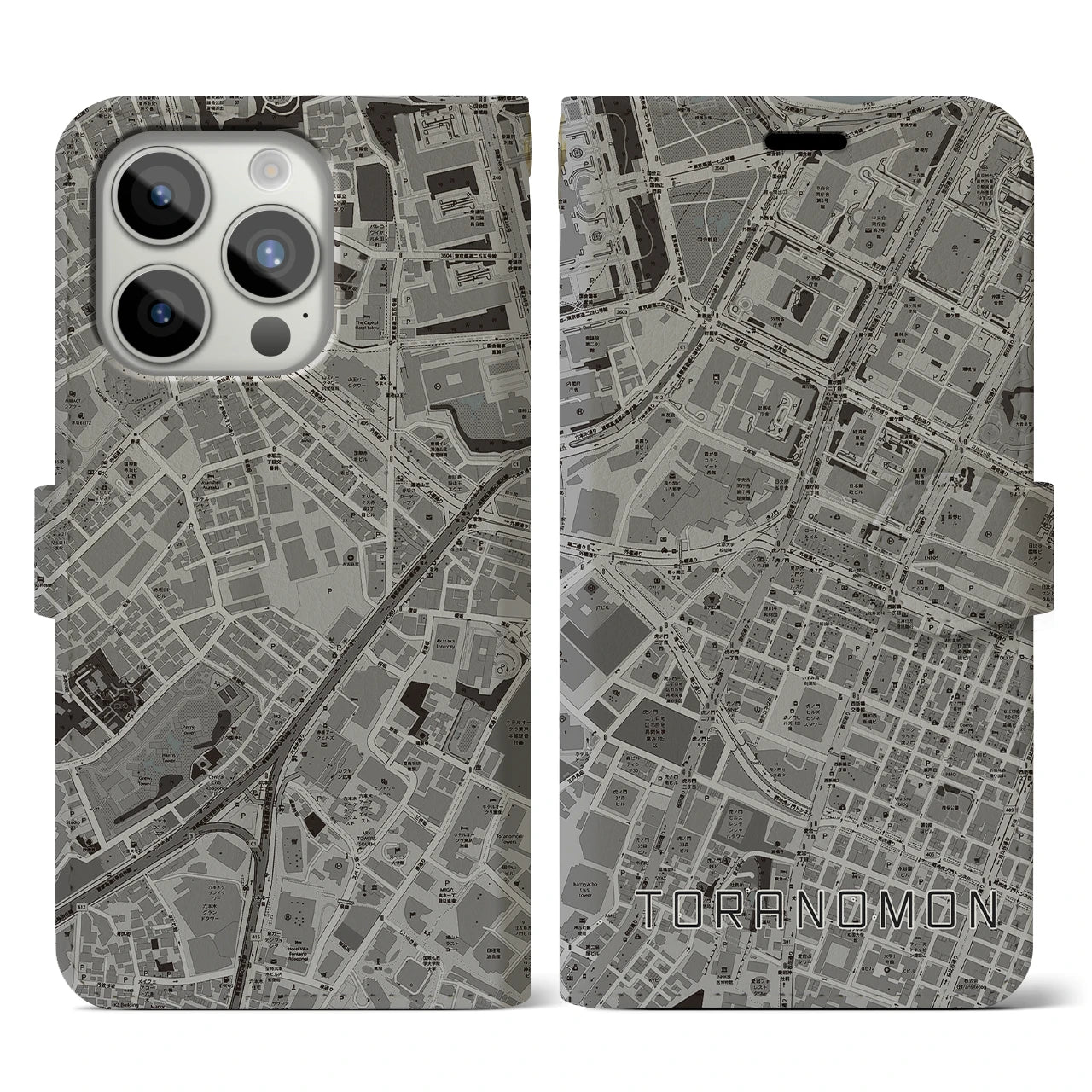 【虎ノ門】地図柄iPhoneケース（手帳両面タイプ・モノトーン）iPhone 15 Pro 用