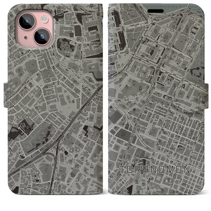 【虎ノ門（東京都）】地図柄iPhoneケース（手帳タイプ）モノトーン・iPhone 15 Plus 用