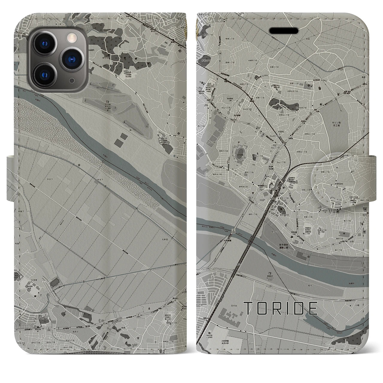 【取手】地図柄iPhoneケース（手帳両面タイプ・モノトーン）iPhone 11 Pro Max 用