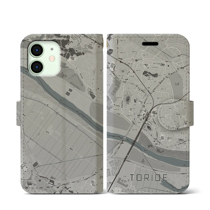 【取手（茨城県）】地図柄iPhoneケース（手帳タイプ）モノトーン・iPhone 12 mini 用