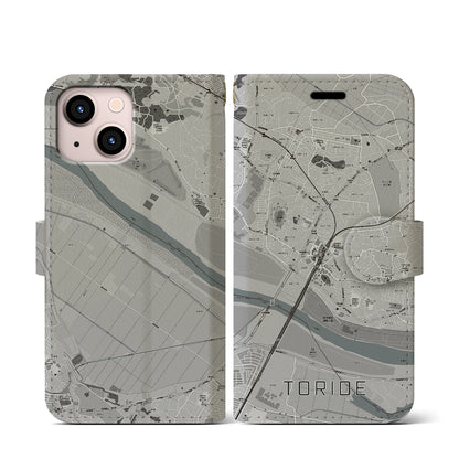 【取手（茨城県）】地図柄iPhoneケース（手帳タイプ）モノトーン・iPhone 13 mini 用