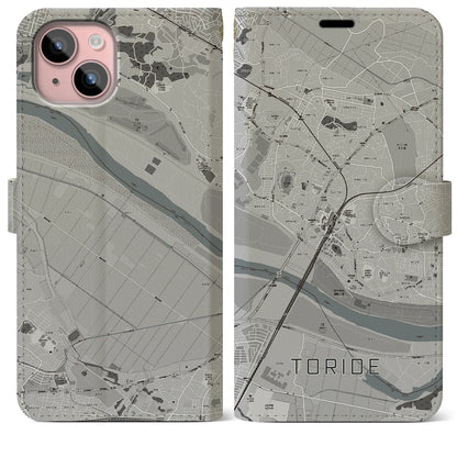 【取手（茨城県）】地図柄iPhoneケース（手帳タイプ）モノトーン・iPhone 15 Plus 用