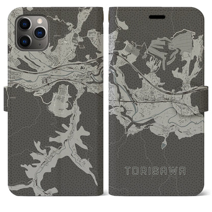 【鳥沢（山梨県）】地図柄iPhoneケース（手帳タイプ）モノトーン・iPhone 11 Pro Max 用