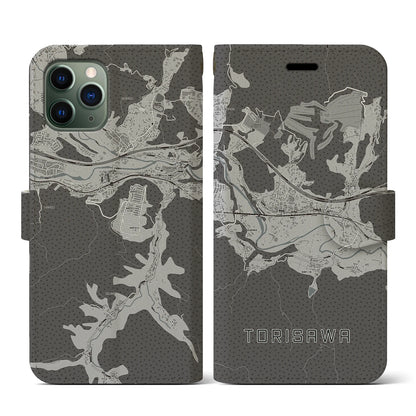 【鳥沢（山梨県）】地図柄iPhoneケース（手帳タイプ）モノトーン・iPhone 11 Pro 用
