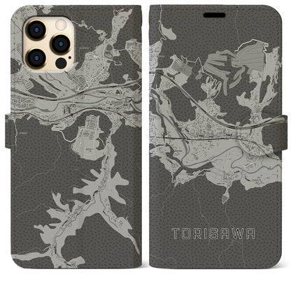 【鳥沢（山梨県）】地図柄iPhoneケース（手帳タイプ）モノトーン・iPhone 12 Pro Max 用