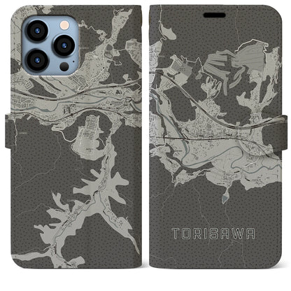 【鳥沢（山梨県）】地図柄iPhoneケース（手帳タイプ）モノトーン・iPhone 13 Pro Max 用