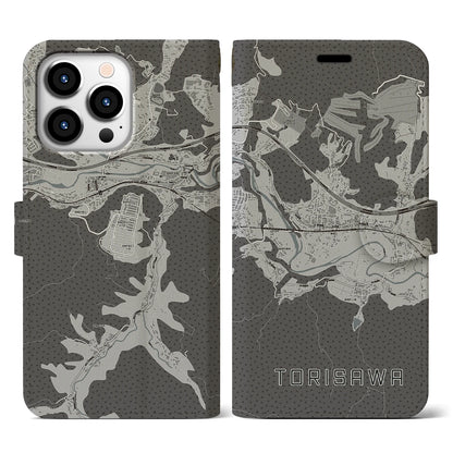 【鳥沢（山梨県）】地図柄iPhoneケース（手帳タイプ）モノトーン・iPhone 13 Pro 用