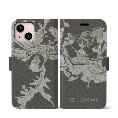 【鳥沢（山梨県）】地図柄iPhoneケース（手帳タイプ）モノトーン・iPhone 13 mini 用