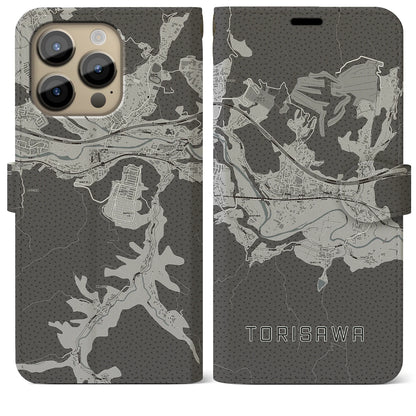 【鳥沢（山梨県）】地図柄iPhoneケース（手帳タイプ）モノトーン・iPhone 14 Pro Max 用