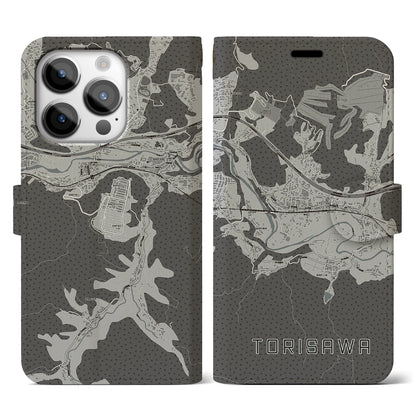 【鳥沢（山梨県）】地図柄iPhoneケース（手帳タイプ）モノトーン・iPhone 14 Pro 用